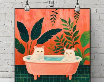 Cat Bathroom Canvas Print: Floral Animal Wall Art for Boho Bathroom Decor