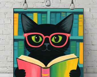Cat Reading Book Canvas Print: Animal Lover Wall Art for Whimsical Library Decor