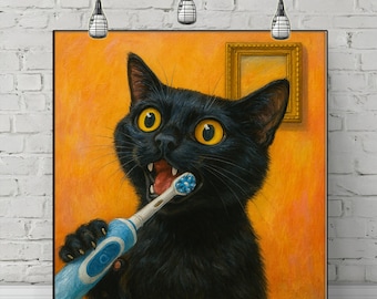 Funny Black Cat Canvas Print: Whimsical Bathroom Wall Art Decor