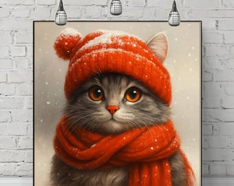 Winter Cat Canvas Print: Cozy Christmas Wall Art for Holiday Home Decor