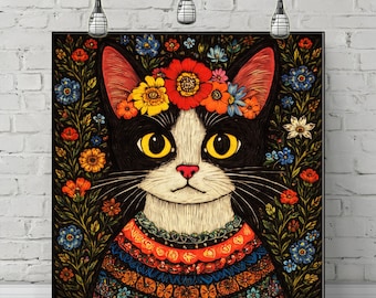 Floral Cat Canvas Print: Whimsical Animal Wall Art for Botanical Decor