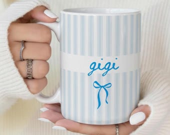 Personalized Grandma Mug with Name, Custom New Gigi Nana Mimi Coffee Cup, Coquette Bow Striped Ceramic Mug, Grandma Keepsake Gift for Her