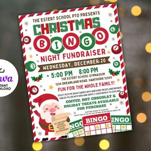 Christmas Bingo Night Flyer, Canva Template, School PTO Holiday Fundraiser Poster