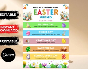 Editable Easter Spirit Week Flyer Template | Spring School Dress Up Days Schedule | April Spirit Week Canva Template | PTO PTA Event Flyer
