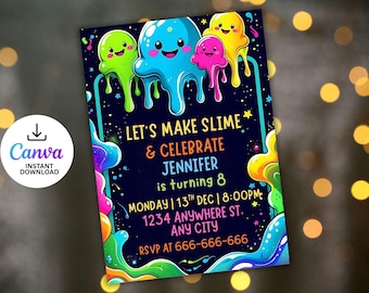 Neon Slime Birthday Invitation, Editable Glitter Party Template (CANVA)