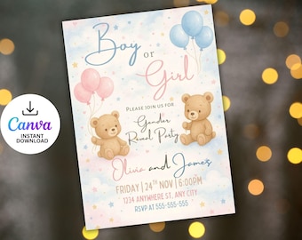 Gender Reveal Invitation, Teddy Bear Gender Reveal Party, Gender Reveal Party invite, Pink And Light Blue He or She, Editable Canva Template