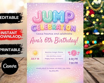 Jump Party Birthday Invitation Girl, Trampoline Party, Jump Party Editable Invite, Bounce Party, Trampoline Birthday Invitation, Foil girl