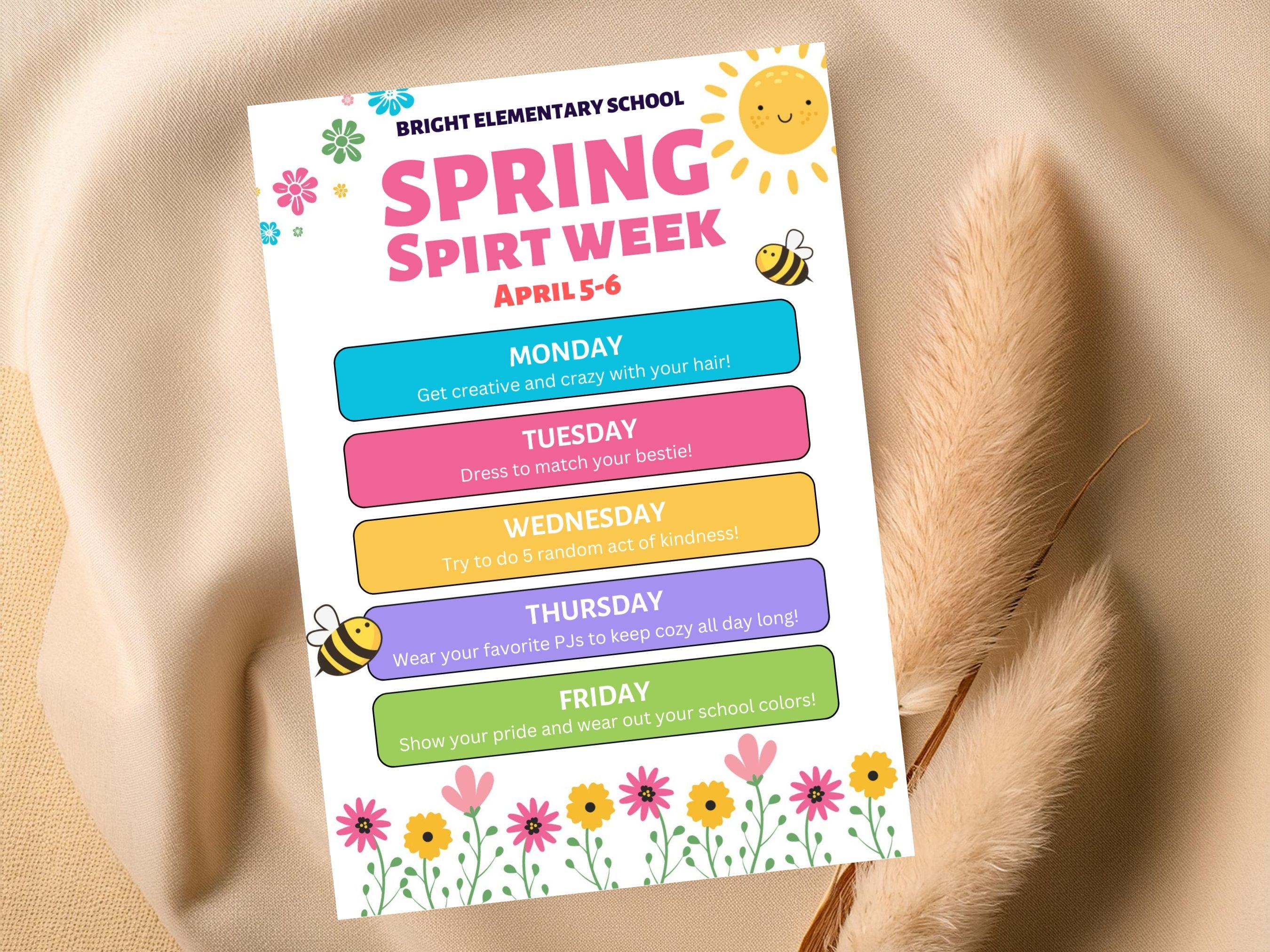 Spring Spirit Week Flyer, School Event Schedule, Editable Canva ...