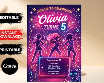Pop Star Music Birthday Invitation, Pop Star Birthday Party, Neon Glow Party Like A Pop Star Girl Birthday Invite, Editable Canva Template