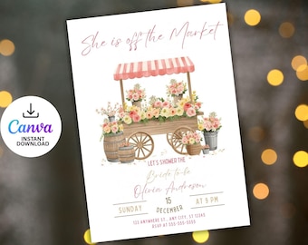 Invitación para despedida de soltera recién salida del mercado, invitación para despedida de soltera en el mercado de agricultores, invitación para despedida de soltera "She's Off Market", plantilla editable de Canva