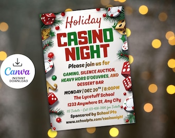 Editable Christmas Casino Night Invitation, Holiday Poker Evite (CANVA Template)