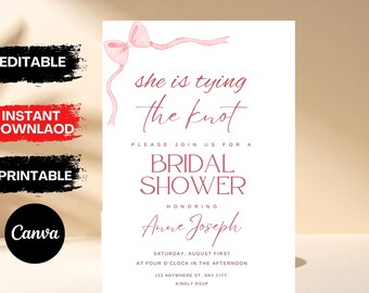 She's Tying the Knot Bridal Shower Invitation Template, EDITABLE Black Bow Ribbon Bridal Shower Invite, Bachelorette Party Invite, Printable