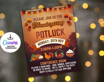 Thanksgiving Potluck Flyer | Editable Invitation Template (Canva)