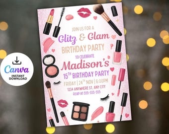 Glitz and Glam Birthday Party Invitation, Spa Party Makeup Invitation, Makeup Invitation, Tween Girl Birthday, Pink and Gold, Editable Canva