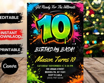 10th Birthday Card, Double Digits Birthday Party, Boy 10th Birthday Invitation, Editable Invitation, Boy Invitation, Digital Download