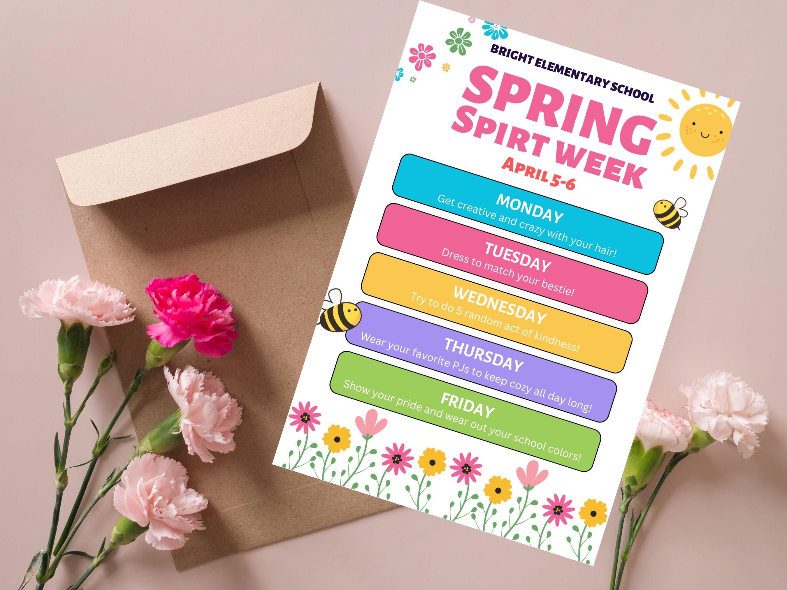 Spring Spirit Week Examples Spring Spirit Week Flyer, School Event Schedule, Editable Canva ...