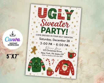 Editable Ugly Sweater Party Invitation, Elfed Up Design (Digital Download)
