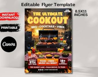 Backyard Cookout Flyer, BBQ Flyer, Summer Cookout Flyer, DIY Design Template, Food Flyer, Social Media Flyer, Party Flyer, Canva Editable