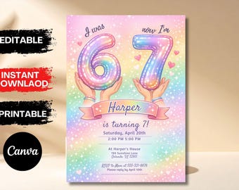 I Was 6 Now I'm 7 Birthday Invitation Rainbow Pastel 6-7 7th Party Editable Invite