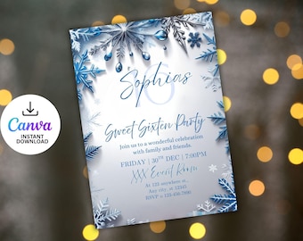 Winter Wonderland Sweet Sixteen Invitation: Silver Snowflakes Castle (Canva Template Digital Download)