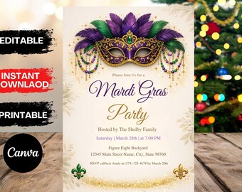 Mardi Gras Party Invitation, Mardi Gras Themed Invitation, Mardi Gras Invitation, Masquerade Ball Party Invite, Festive Carnival Fat Tuesday