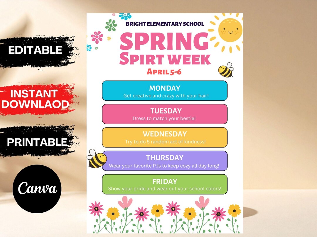 Spring Spirit Week Flyer, School Event Schedule, Editable Canva ...