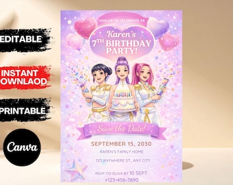 kpop Birthday Invitation | Kpop Demon Hunters Birthday Invitation | Editable Canva Template | Kpop Anime Invite | Printable Invite Card