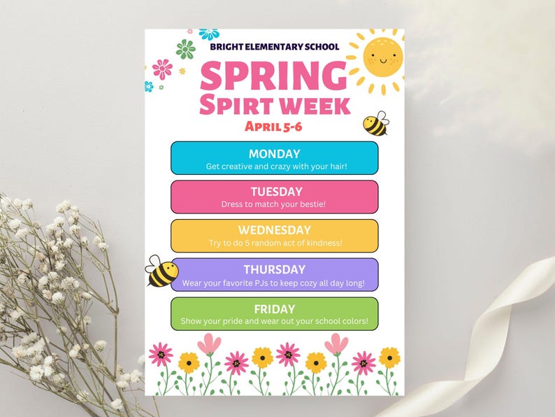 Spring Spirit Week Examples Spring Spirit Week Flyer, School Event Schedule, Editable Canva ...
