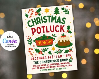 Christmas Potluck Flyer & Sign Up Sheet Set | Editable Canva Template | Holiday Party Invitation Printable