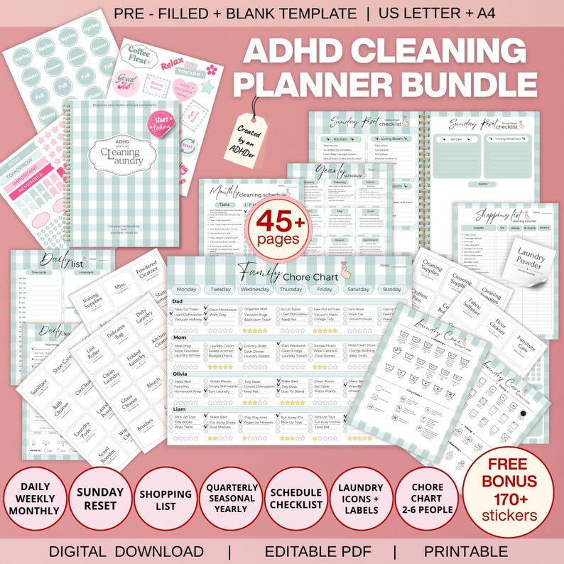 Printable ADHD Cleaning Routine Checklist Schedule Task Tracker Family ...