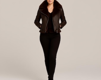 Women's Brown Leather Biker Jacket | Faux Shearling Collar, Winter Coat