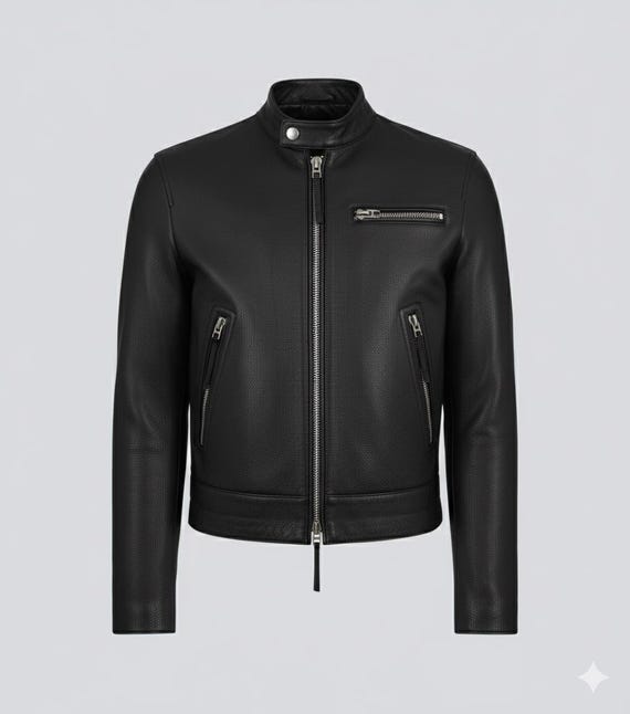 Men's Black Leather Cafe Racer Jacket: Slim Fit Moto Biker Coat