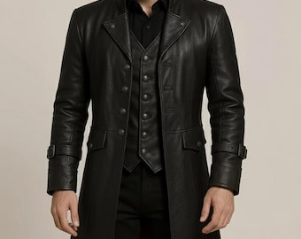 Men's Black Leather Military Duster Coat | Gothic Steampunk Trench with Vest