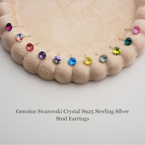 Swarovski Crystal Studs Sterling Silver 6mm 8mm, 15+ Colors Birthstone Gift for Her, Hypoallergenic Sensitive Ears, Round Sparkly Earrings