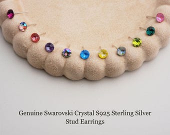 Pendientes de plata de ley con cristales Swarovski, 6 mm y 8 mm, más de 15 colores, piedra de nacimiento, regalo para ella, hipoalergénicos, ideales para orejas sensibles, pendientes redondos brillantes.