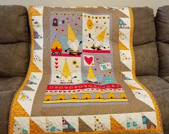 Honeybee Gnomes Panel Quilt, Small Quilt 54" x 37.5"