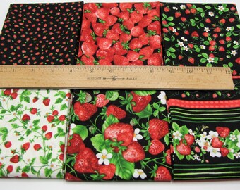 Six Fat Quarters Strawberry Theme Fabric, Timeless Treasures Strawberry Fabrics