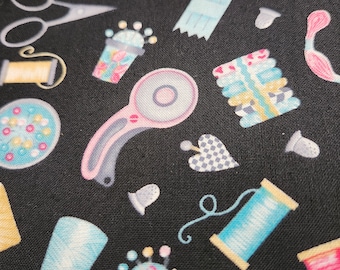 Henry Glass Sew, Sleep, Repeat! 1048-97 Black Multi Tossed Sewing Supplies Fabric by the Yard