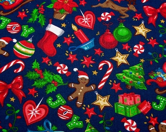 Fabric Traditions Christmas Tossed Christmas Fun Blue Background Fabric By the Yard