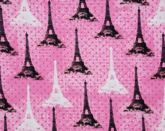 Choose your cut. Timeless Treasures Paris Quilting Cotton Fabric France Pink fabric with Eiffel Towers
