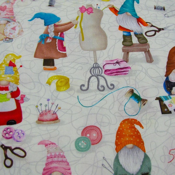 Sewing Gnomes by Timeless Treasures FUN CD2484 Cream Fabric By the Yard, Craft Theme Fabric