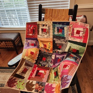 Wheelchair/Lap Quilt, Wonky Log Cabin and Leaf Block Quilt, Mini Quilt, Chair Quilt, Throw Quilt