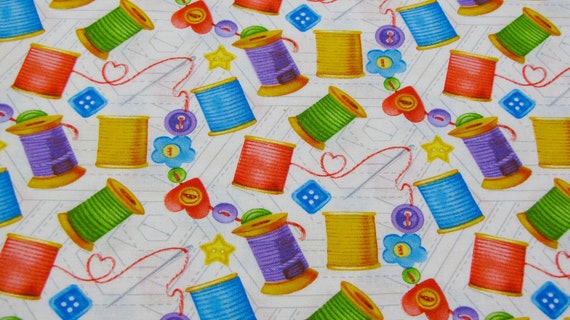 Just Sew Happy Multicolored Tossed Sewing Accessories Yardage
