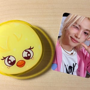 Peut inclure: Un accessoire de cheveux jaune rond représentant un visage de poussin avec de grands yeux et un bec orange, placé à côté d'une carte photo rectangulaire montrant une personne aux cheveux blonds portant un gilet rose et un t-shirt blanc.