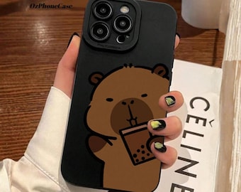 Cute Capybara Cartoon Phone Case, 360 Protective Black Case, Compatible with iPhone 13 and Up