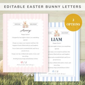 Plantilla imprimible editable de carta de conejito de Pascua / Nota personalizada para niños / Cuadros rosas y rayas azules / Plantilla de Canva / Descarga instantánea