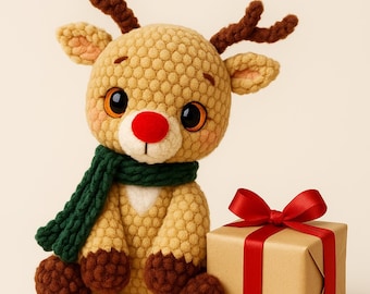 Rudolf Renifer | Samouczek PDF na świąteczne amigurumi | Pluszowy renifer świąteczny | Wzór na szydełkową pluszową zabawkę