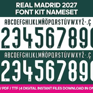 Puede incluir: Un kit de tipografía Real Madrid 2027 con caracteres alfanuméricos en verde oscuro y blanco. El conjunto incluye las letras de la A a la Z con caracteres especiales y los números del 0 al 9, sobre un fondo verde oscuro con el logo del Real Madrid.