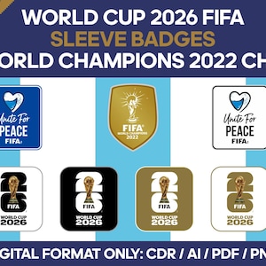 Può includere: Una collezione di file grafici digitali con stemmi da manica per la World Cup 2026 e uno stemma da petto per i World Champions 2022. Il set include loghi Unite for Peace, emblemi FIFA World Cup 2026 in vari colori e un'icona dorata del trofeo.