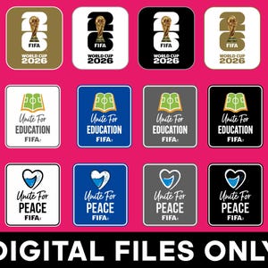 Puede incluir: Una colección de doce iconos digitales cuadrados que presentan el logotipo de la Copa Mundial de la FIFA 2026, el logotipo de Unite For Education con un libro y el logotipo de Unite For Peace con un corazón, en varios colores sobre fondo rosa.